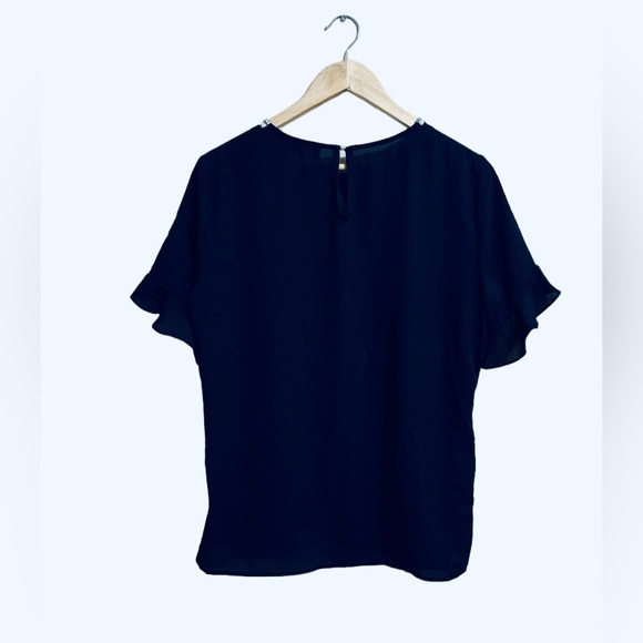 NWOT Karl Lagerfeld Navy Blue Crepe Fabric Short Sleeved Blouse w/ Lace (Sz. L) - Picture 3 of 3